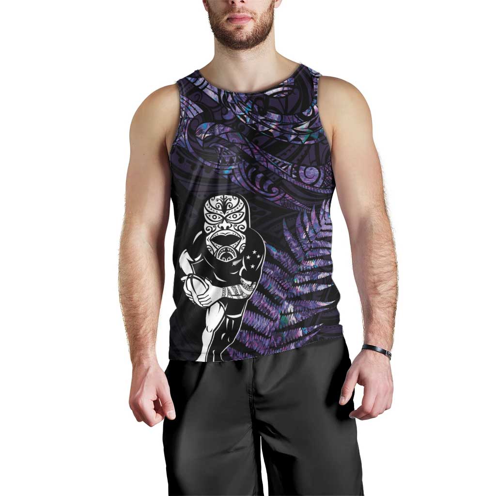 New Zealand Maori Rugby Personalised Men Tank Top Ta Moko Silver Fern - Paua Purple LT7 - Polynesian Pride
