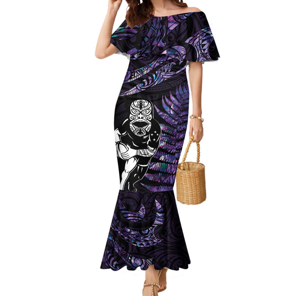 New Zealand Maori Rugby Personalised Mermaid Dress Ta Moko Silver Fern - Paua Purple LT7 Women Purple - Polynesian Pride