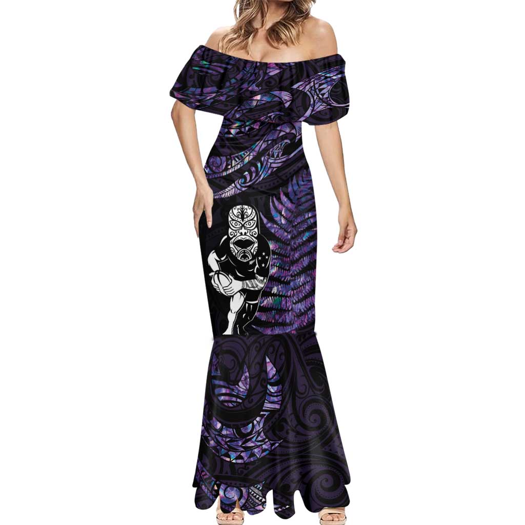 New Zealand Maori Rugby Personalised Mermaid Dress Ta Moko Silver Fern - Paua Purple LT7 - Polynesian Pride