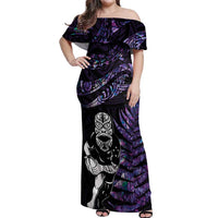 New Zealand Maori Rugby Personalised Off Shoulder Maxi Dress Ta Moko Silver Fern - Paua Purple LT7 Women Purple - Polynesian Pride