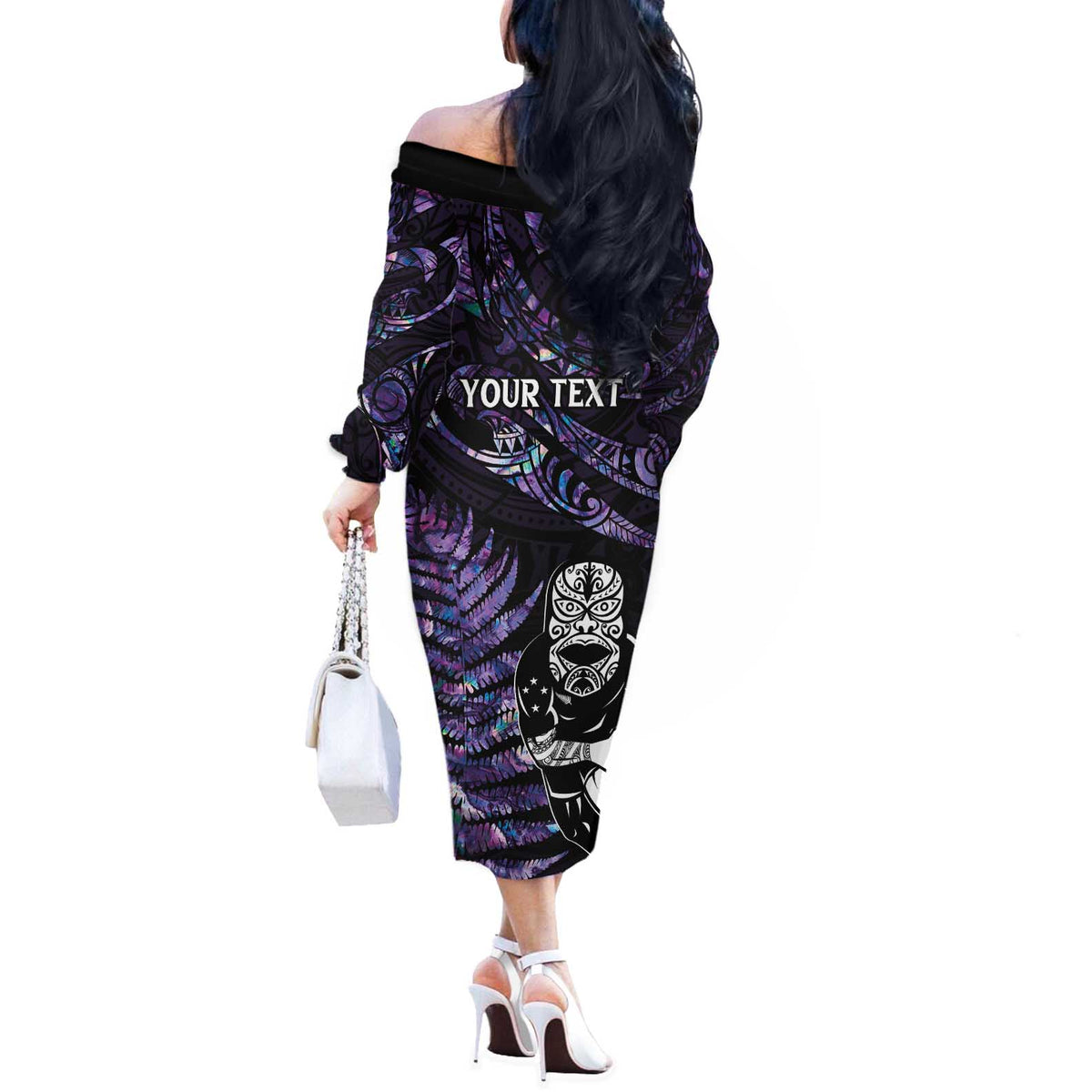 New Zealand Maori Rugby Personalised Off The Shoulder Long Sleeve Dress Ta Moko Silver Fern - Paua Purple LT7 - Polynesian Pride