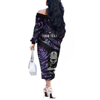 New Zealand Maori Rugby Personalised Off The Shoulder Long Sleeve Dress Ta Moko Silver Fern - Paua Purple LT7 - Polynesian Pride