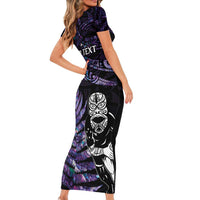 New Zealand Maori Rugby Personalised Short Sleeve Bodycon Dress Ta Moko Silver Fern - Paua Purple LT7 - Polynesian Pride