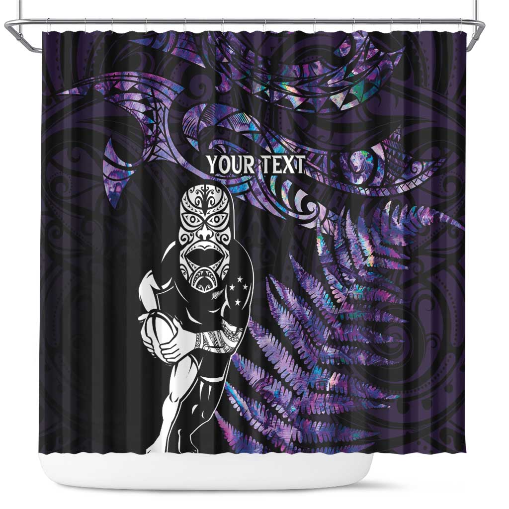 New Zealand Maori Rugby Personalised Shower Curtain Ta Moko Silver Fern - Paua Purple LT7 Purple - Polynesian Pride