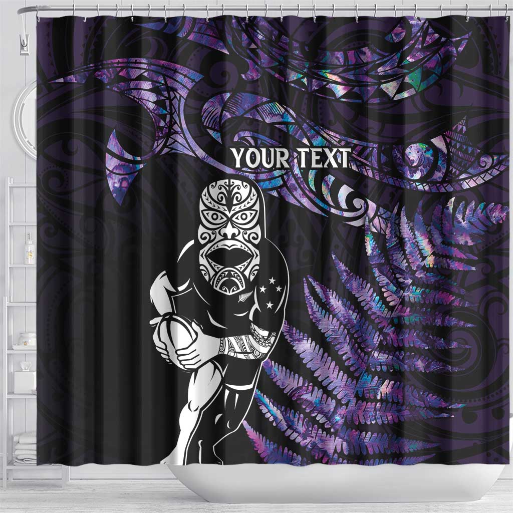 New Zealand Maori Rugby Personalised Shower Curtain Ta Moko Silver Fern - Paua Purple LT7 - Polynesian Pride