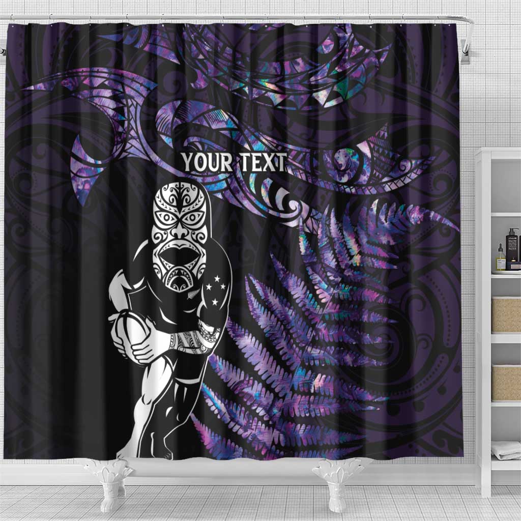 New Zealand Maori Rugby Personalised Shower Curtain Ta Moko Silver Fern - Paua Purple LT7 - Polynesian Pride