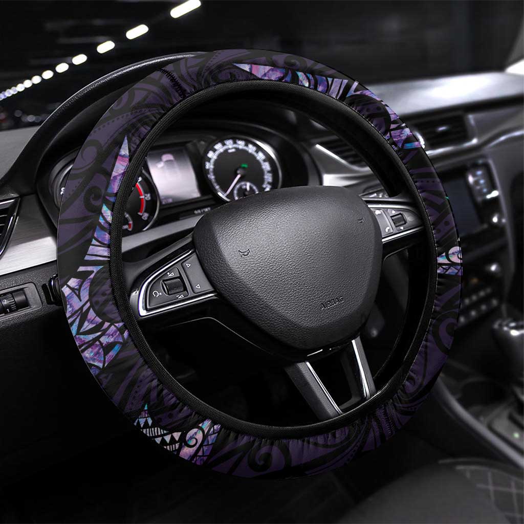 New Zealand Maori Rugby Steering Wheel Cover Ta Moko Silver Fern - Paua Purple LT7 Universal Fit Purple - Polynesian Pride