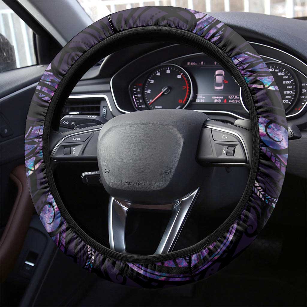 New Zealand Maori Rugby Steering Wheel Cover Ta Moko Silver Fern - Paua Purple LT7 - Polynesian Pride