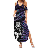 New Zealand Maori Rugby Personalised Summer Maxi Dress Ta Moko Silver Fern - Paua Purple LT7 Women Purple - Polynesian Pride