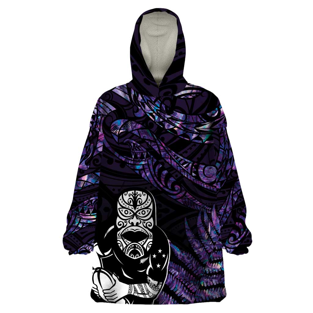 New Zealand Maori Rugby Personalised Wearable Blanket Hoodie Ta Moko Silver Fern - Paua Purple LT7 One Size Purple - Polynesian Pride