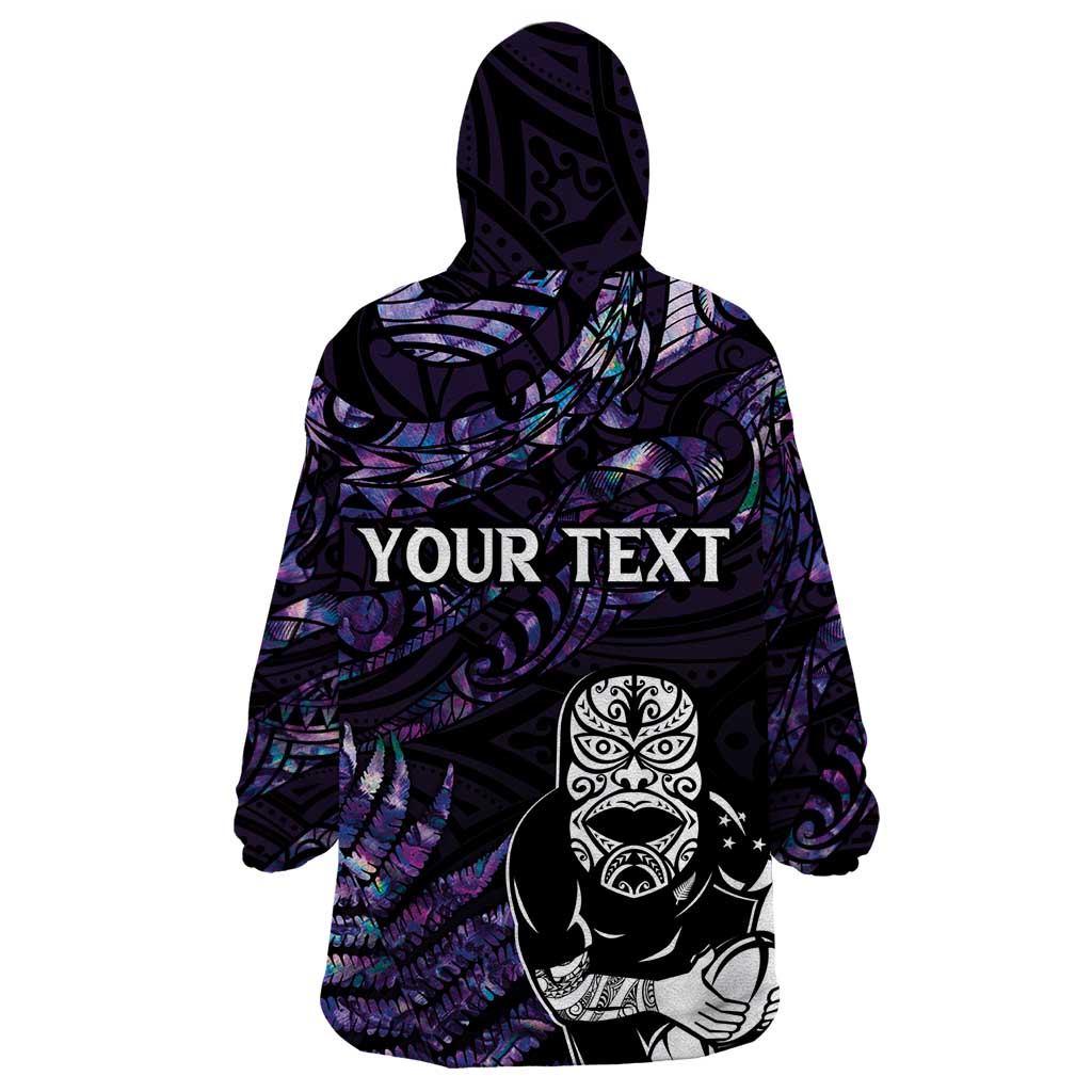 New Zealand Maori Rugby Personalised Wearable Blanket Hoodie Ta Moko Silver Fern - Paua Purple LT7 - Polynesian Pride