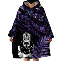 New Zealand Maori Rugby Personalised Wearable Blanket Hoodie Ta Moko Silver Fern - Paua Purple LT7 - Polynesian Pride