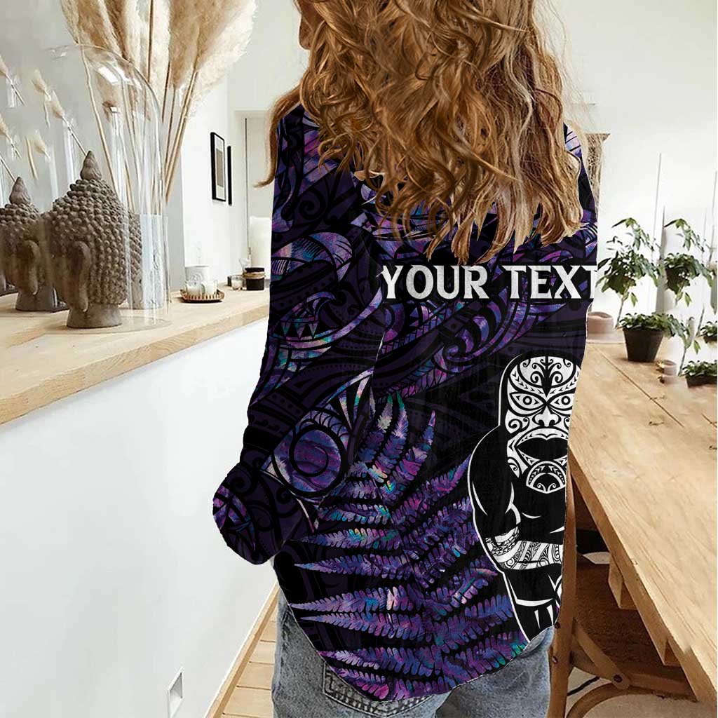 New Zealand Maori Rugby Personalised Women Casual Shirt Ta Moko Silver Fern - Paua Purple LT7 - Polynesian Pride