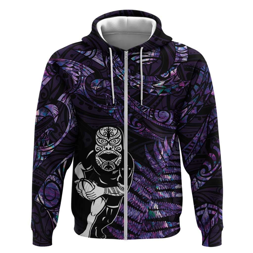 New Zealand Maori Rugby Personalised Zip Hoodie Ta Moko Silver Fern - Paua Purple LT7 Zip Hoodie Purple - Polynesian Pride