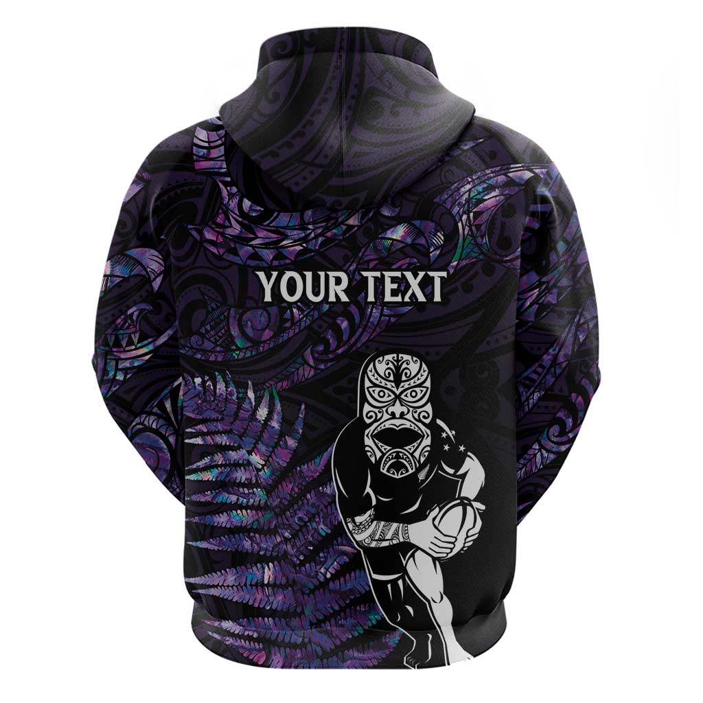 New Zealand Maori Rugby Personalised Zip Hoodie Ta Moko Silver Fern - Paua Purple LT7 - Polynesian Pride