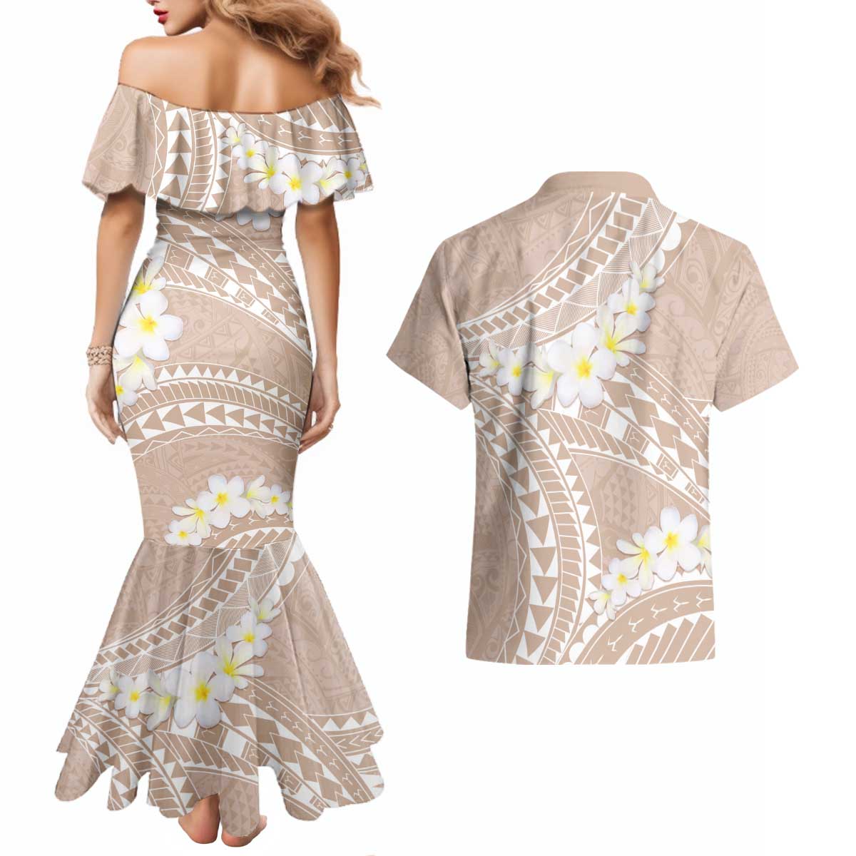 Polynesian Vintage Floral Couples Matching Mermaid Dress and Hawaiian Shirt Beige Motifs - Polynesian Pride