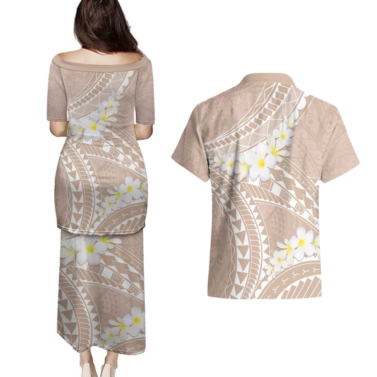 Polynesian Vintage Floral Couples Matching Puletasi and Hawaiian Shirt Beige Motifs - Polynesian Pride