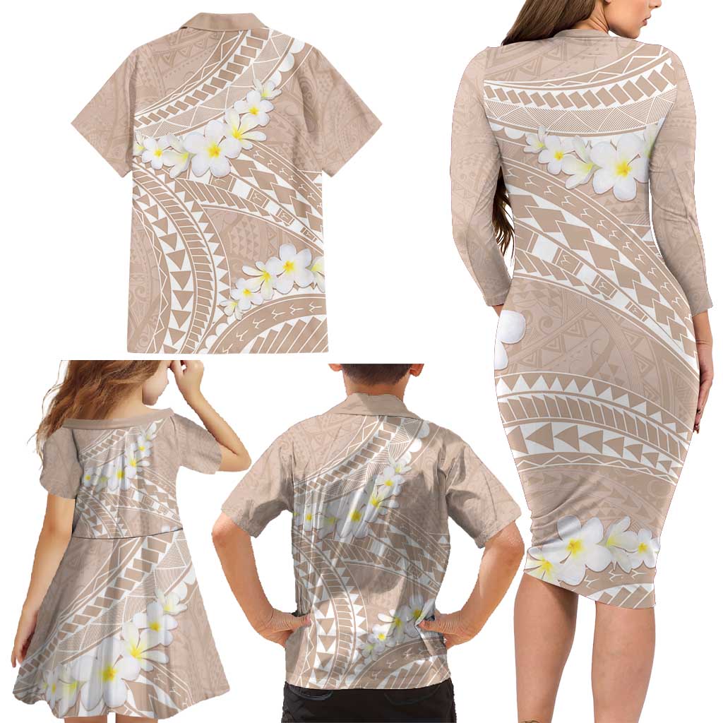 Polynesian Vintage Floral Family Matching Long Sleeve Bodycon Dress and Hawaiian Shirt Beige Motifs LT7 - Polynesian Pride