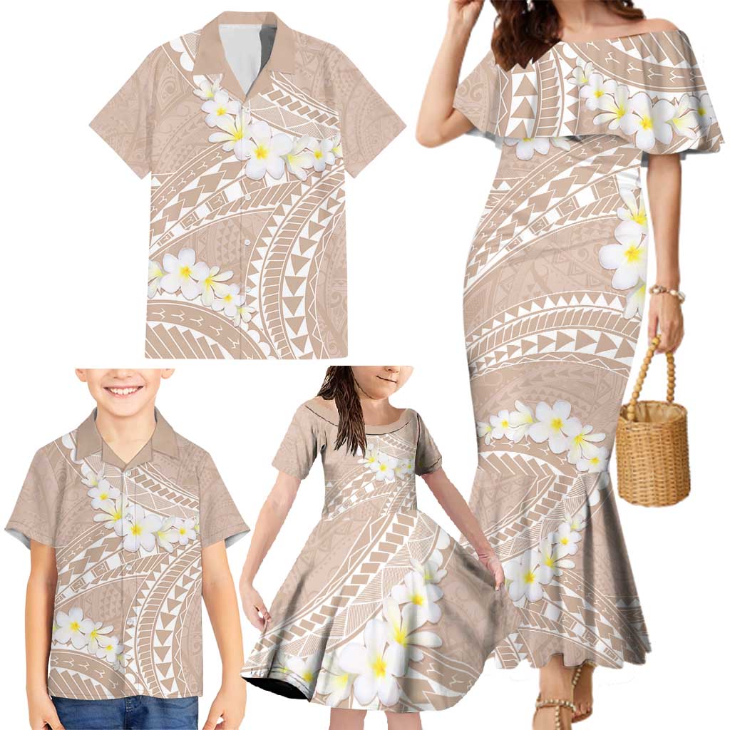 Polynesian Vintage Floral Family Matching Mermaid Dress and Hawaiian Shirt Beige Motifs LT7 - Polynesian Pride