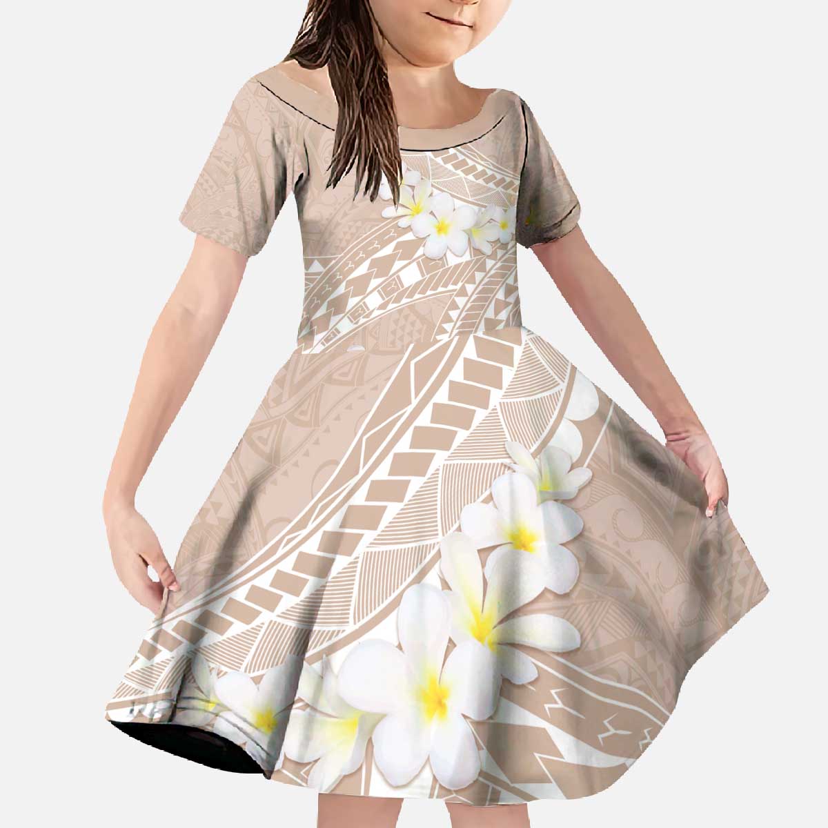 Polynesian Vintage Floral Family Matching Off The Shoulder Long Sleeve Dress and Hawaiian Shirt Beige Motifs LT7 Daughter's Dress Beige - Polynesian Pride