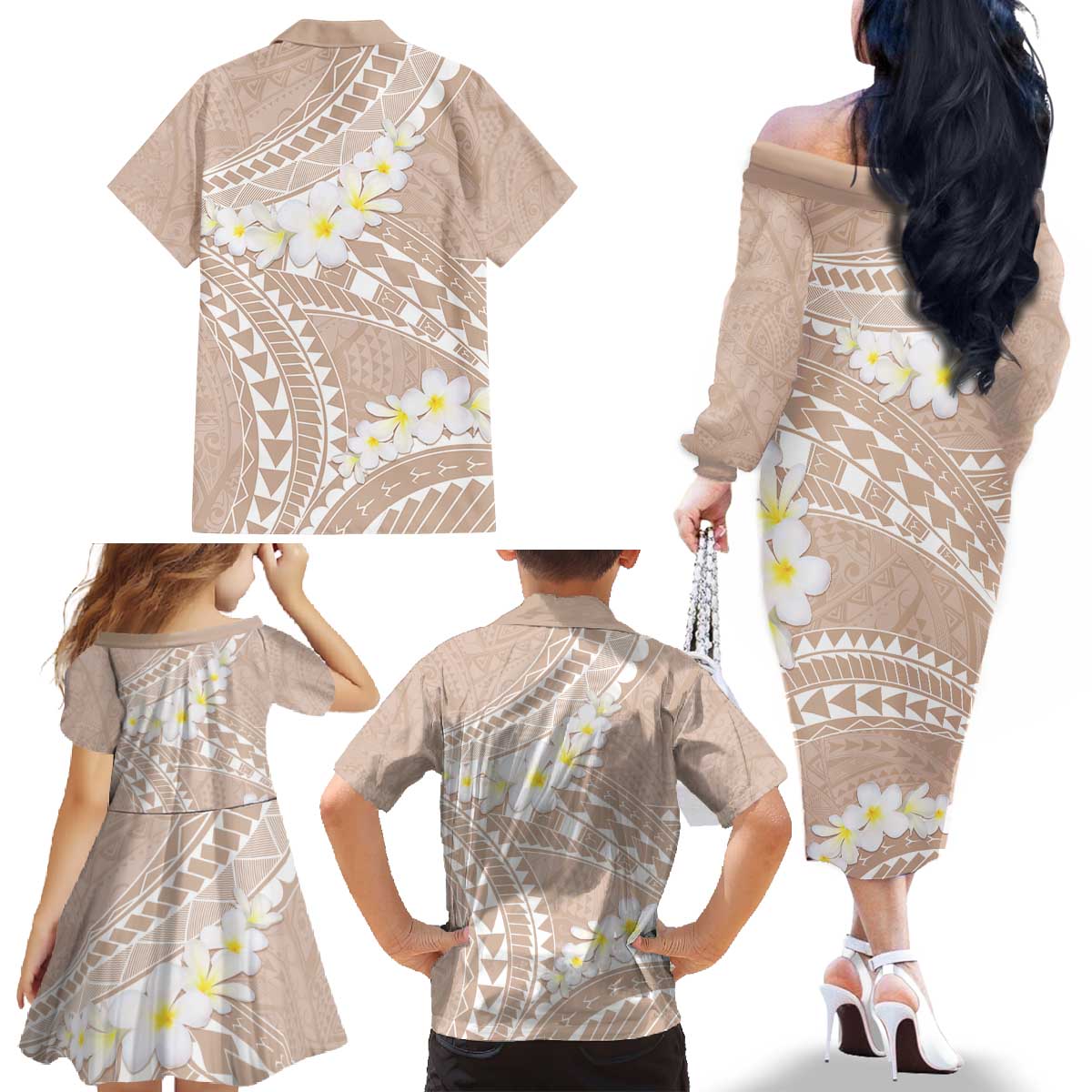 Polynesian Vintage Floral Family Matching Off The Shoulder Long Sleeve Dress and Hawaiian Shirt Beige Motifs LT7 - Polynesian Pride
