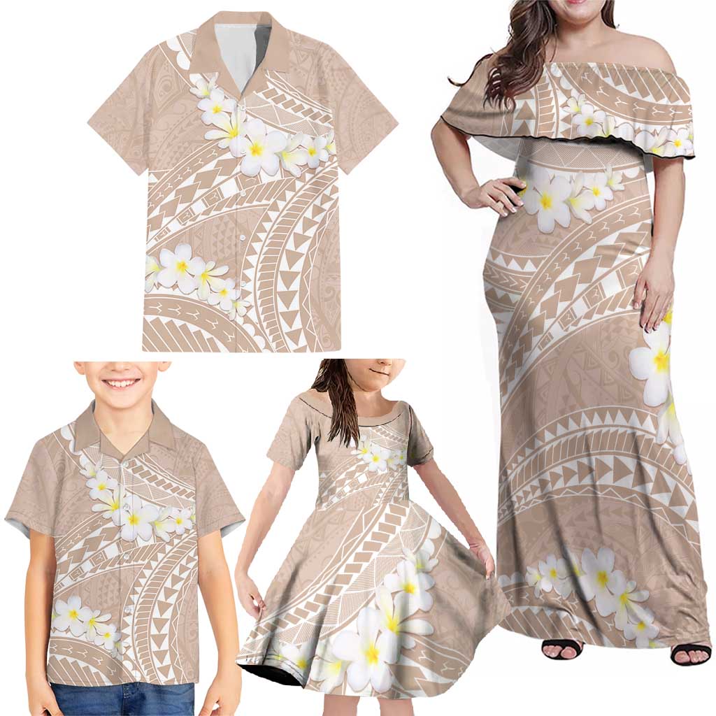 Polynesian Vintage Floral Family Matching Off Shoulder Maxi Dress and Hawaiian Shirt Beige Motifs LT7 - Polynesian Pride