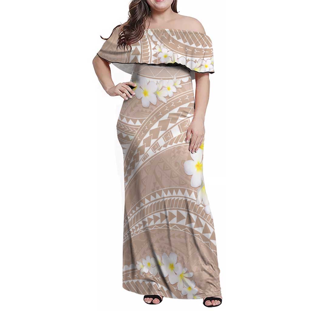 Polynesian Vintage Floral Family Matching Off Shoulder Maxi Dress and Hawaiian Shirt Beige Motifs LT7 Mom's Dress Beige - Polynesian Pride