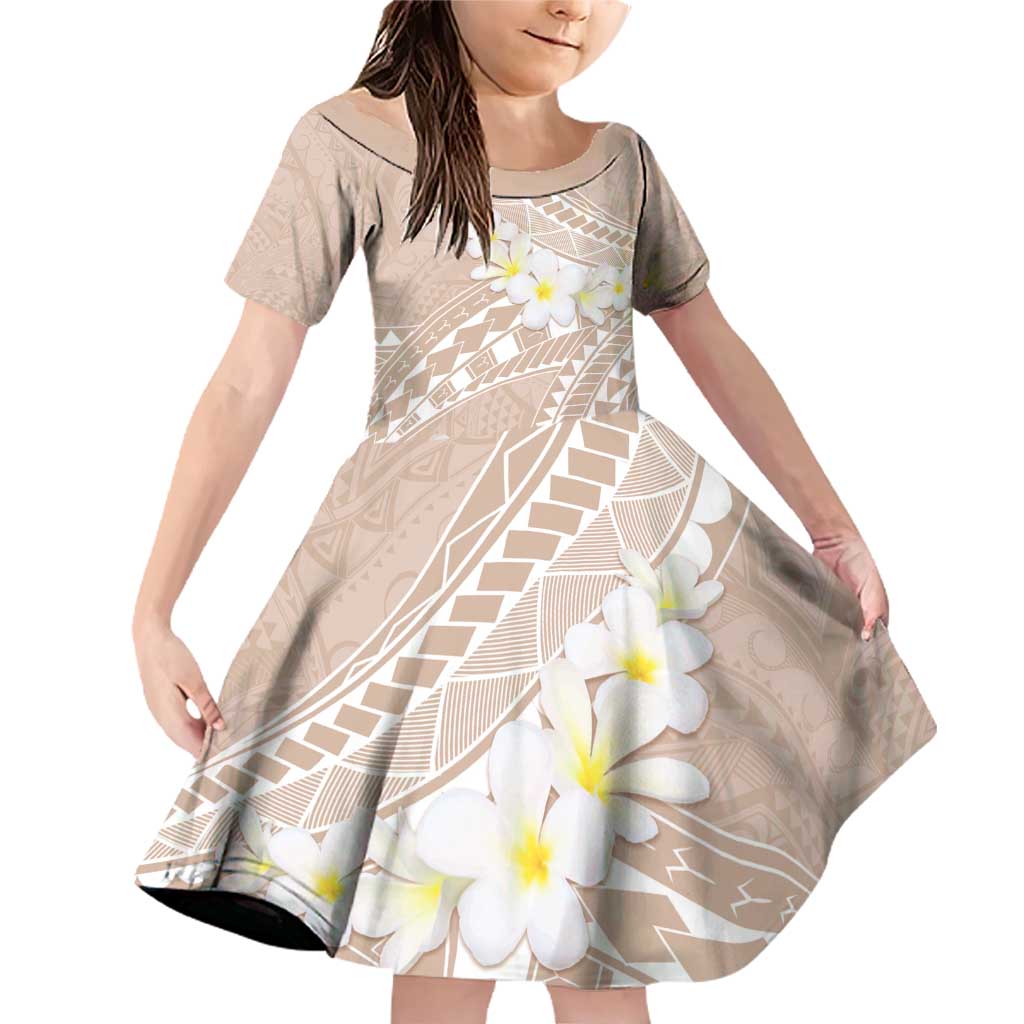Polynesian Vintage Floral Family Matching Off Shoulder Short Dress and Hawaiian Shirt Beige Motifs LT7 Daughter's Dress Beige - Polynesian Pride