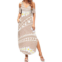 Polynesian Vintage Floral Family Matching Summer Maxi Dress and Hawaiian Shirt Beige Motifs LT7 Mom's Dress Beige - Polynesian Pride