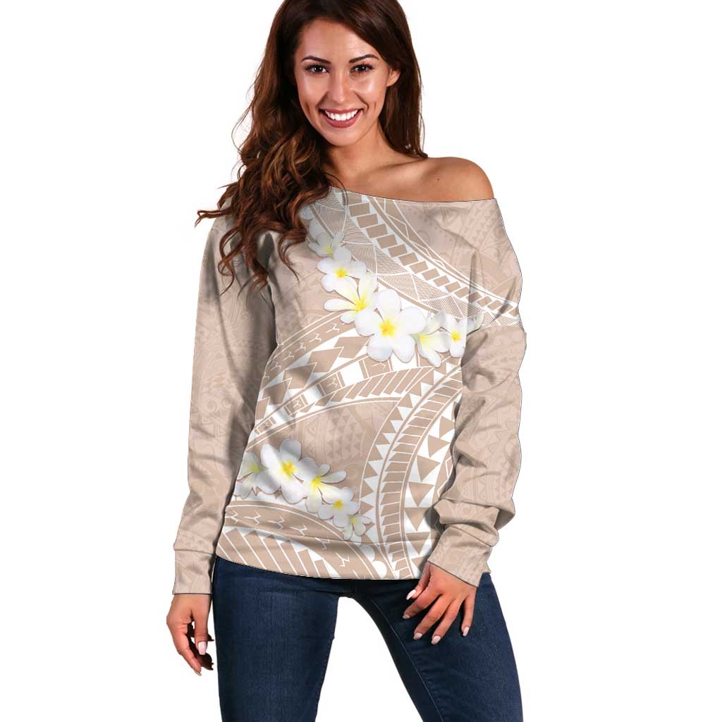 Polynesian Vintage Floral Off Shoulder Sweater Beige Motifs LT7 Women Beige - Polynesian Pride