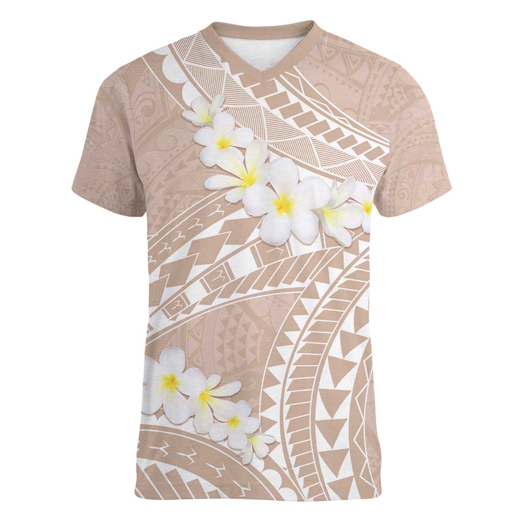 Polynesian Vintage Floral Women V-Neck T-Shirt Beige Motifs - Polynesian Pride