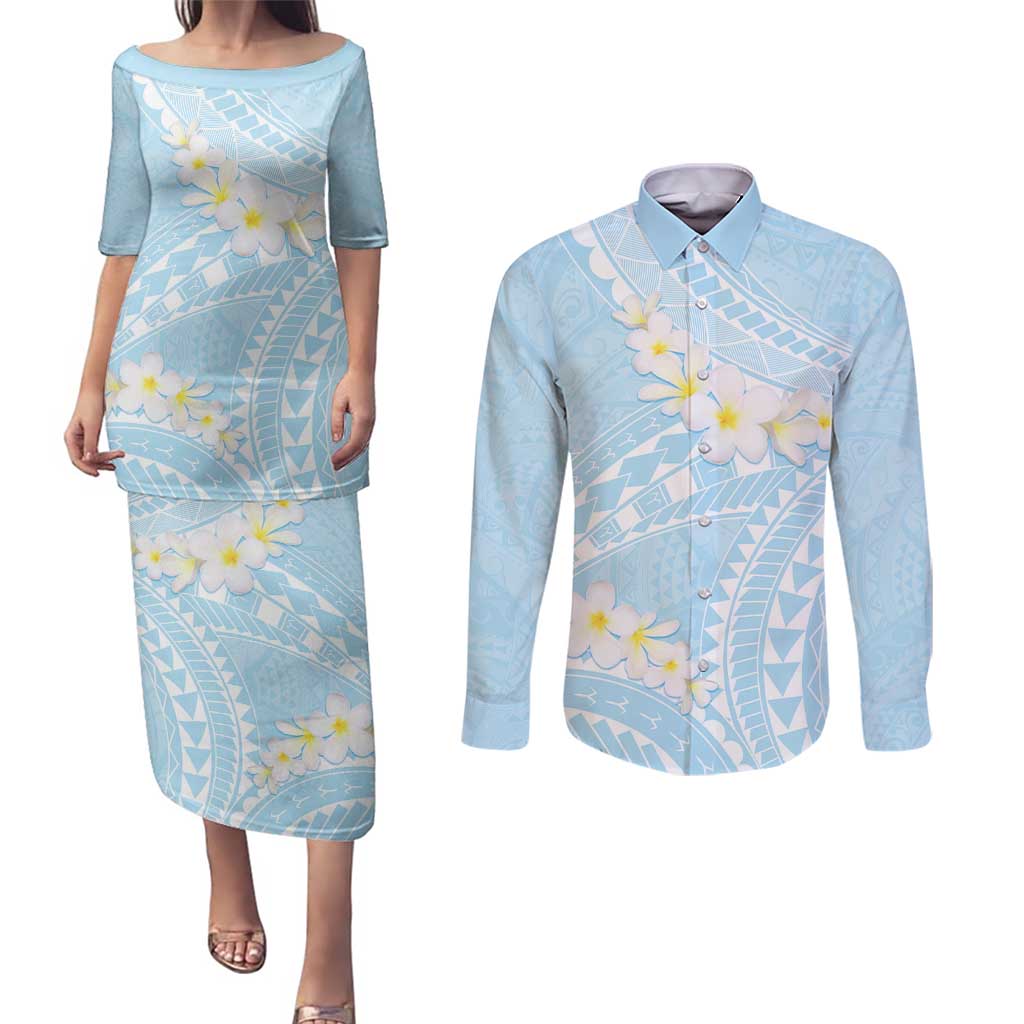 Polynesian Vintage Floral Couples Matching Puletasi and Long Sleeve Button Shirt Azure Motifs - Polynesian Pride