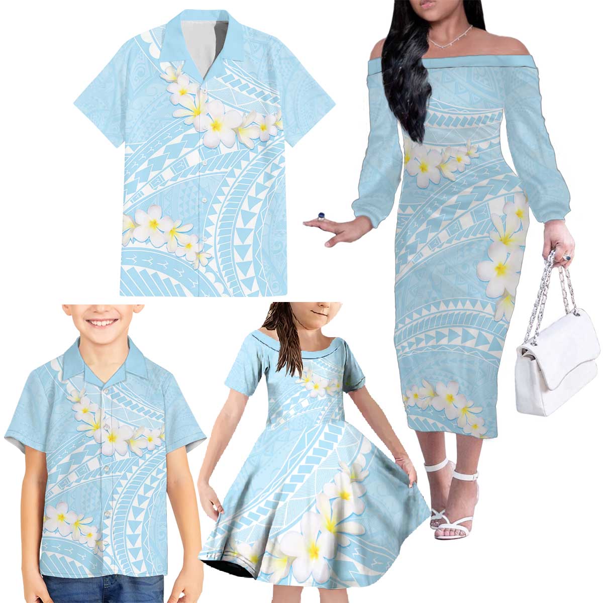 Polynesian Vintage Floral Family Matching Off The Shoulder Long Sleeve Dress and Hawaiian Shirt Azure Motifs LT7 - Polynesian Pride
