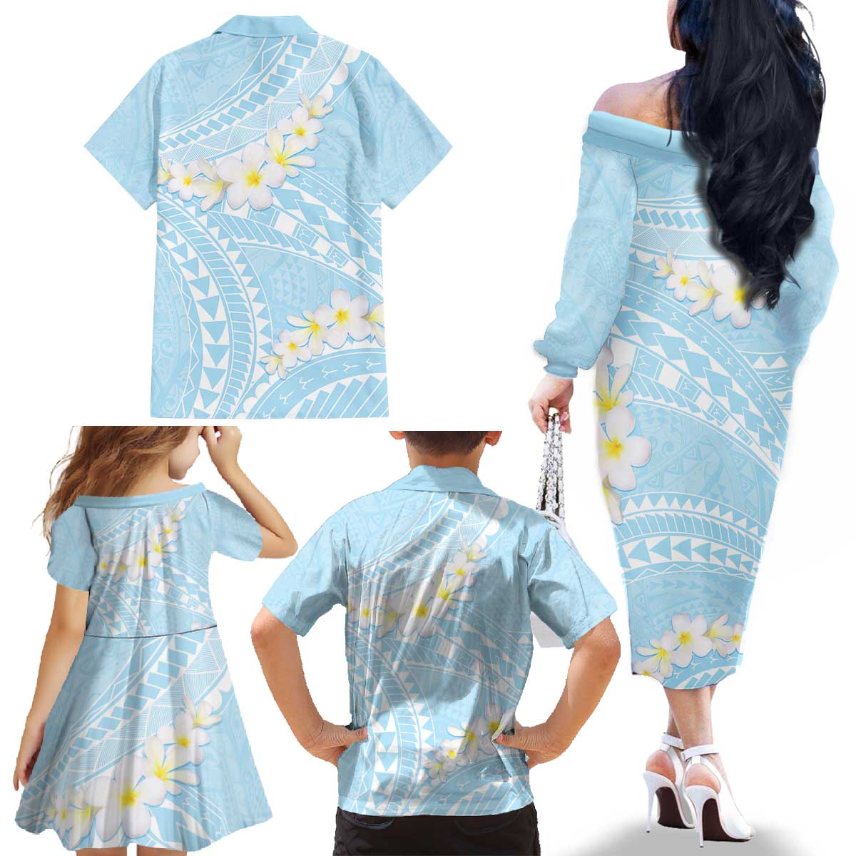 Polynesian Vintage Floral Family Matching Off The Shoulder Long Sleeve Dress and Hawaiian Shirt Azure Motifs LT7 - Polynesian Pride