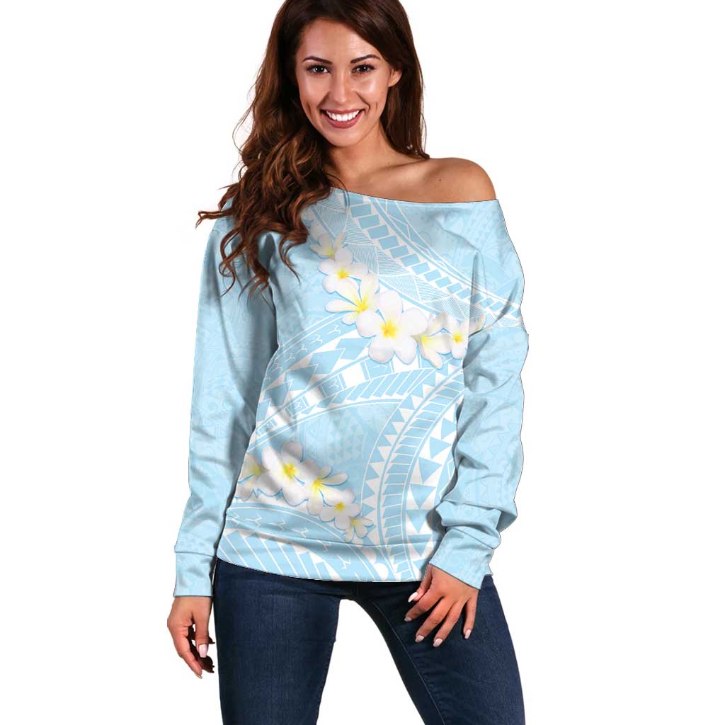 Polynesian Vintage Floral Off Shoulder Sweater Azure Motifs LT7 Women Azure - Polynesian Pride