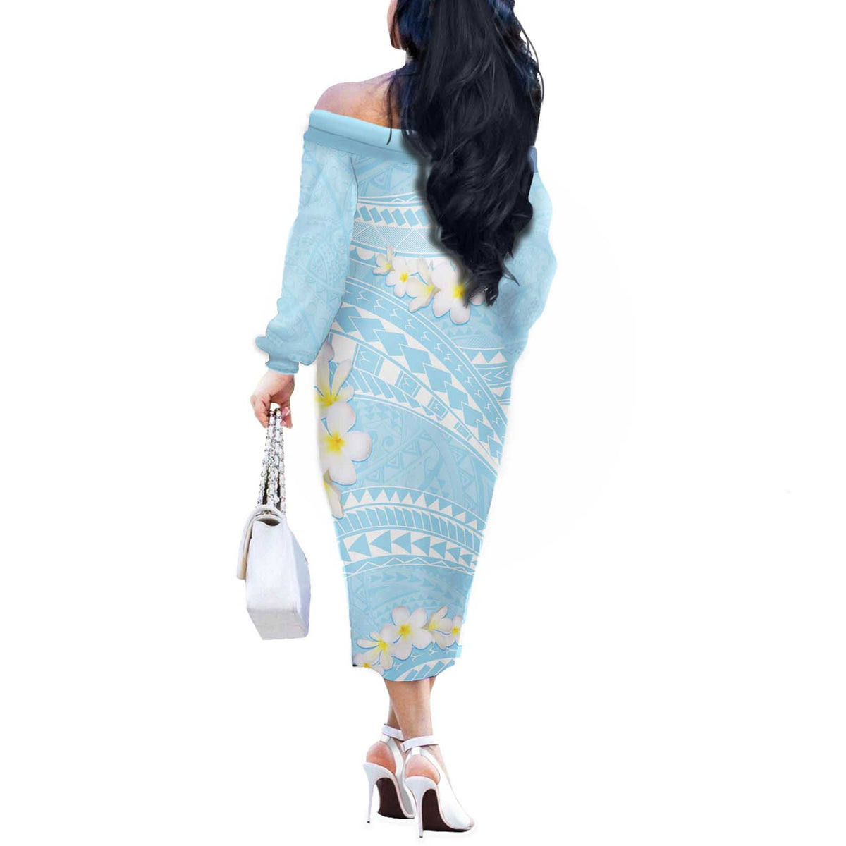 Polynesian Vintage Floral Off The Shoulder Long Sleeve Dress Azure Motifs - Polynesian Pride