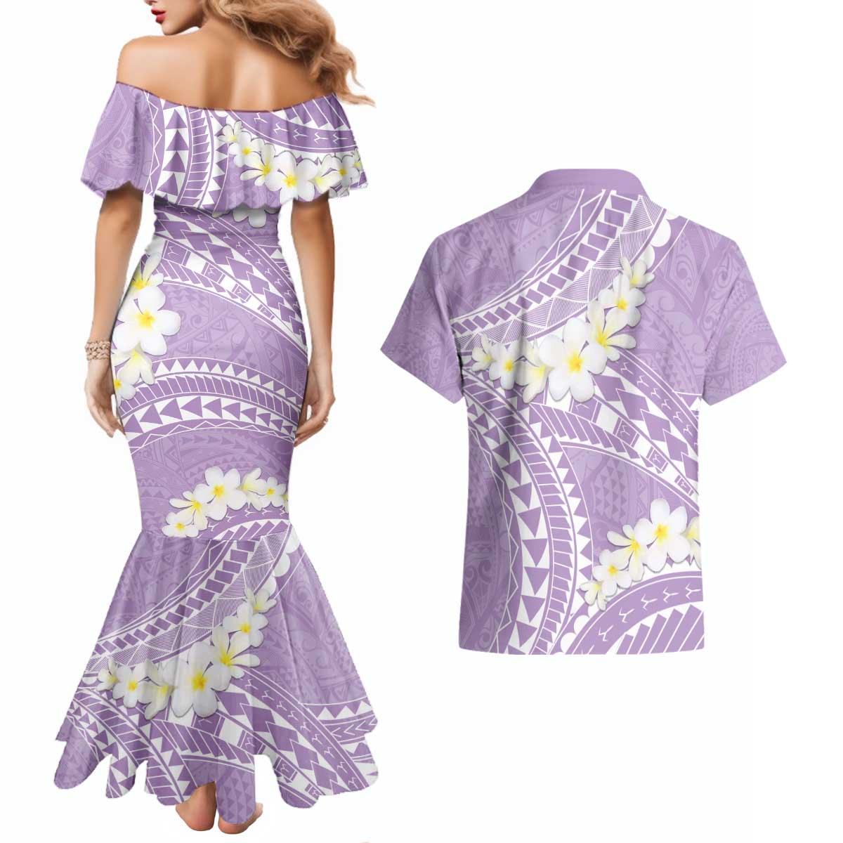Polynesian Vintage Floral Couples Matching Mermaid Dress and Hawaiian Shirt Lavender Motifs LT7 - Polynesian Pride