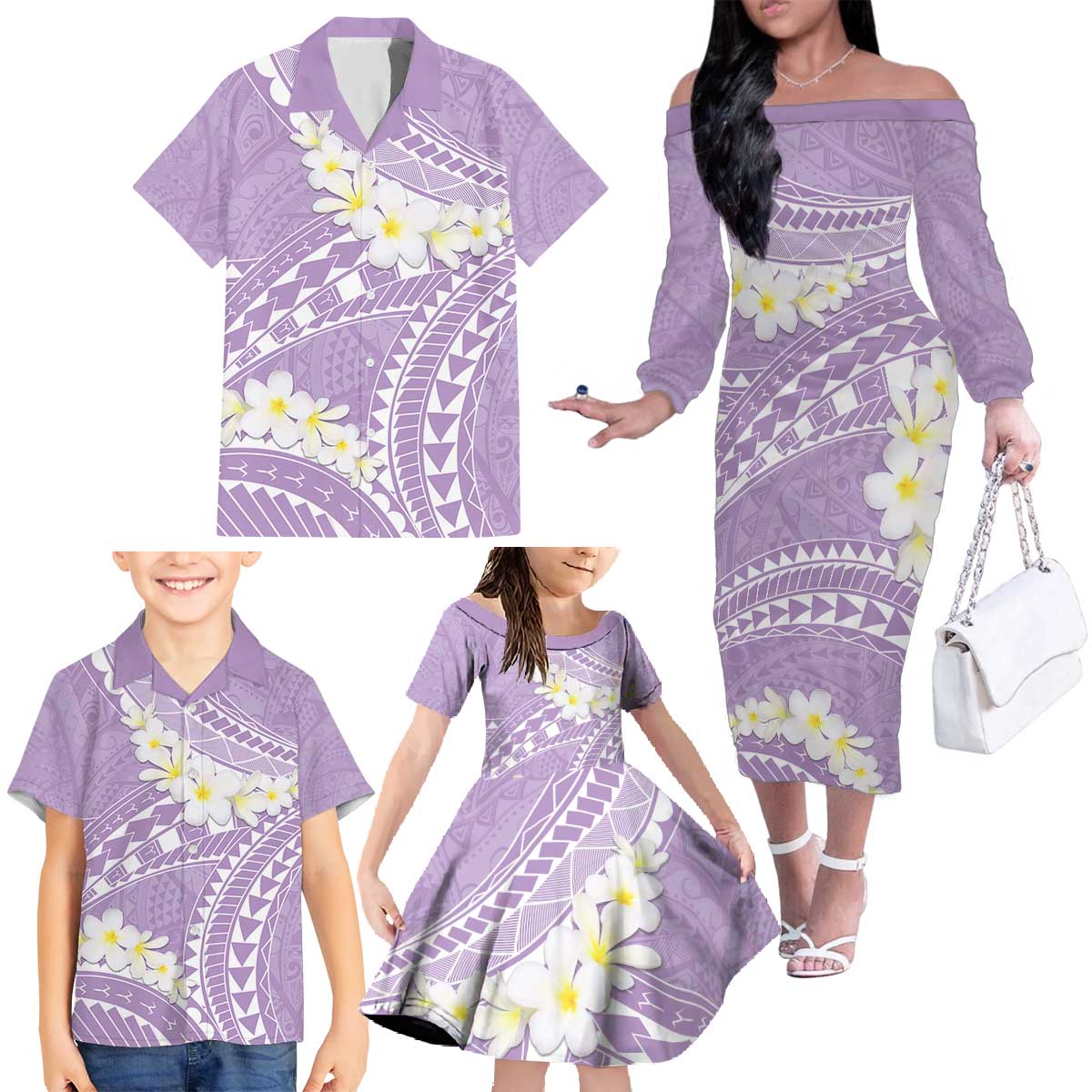 Polynesian Vintage Floral Family Matching Off The Shoulder Long Sleeve Dress and Hawaiian Shirt Lavender Motifs - Polynesian Pride