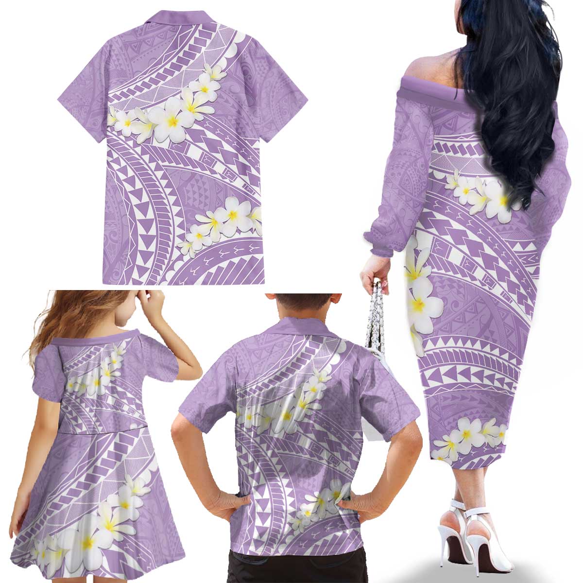 Polynesian Vintage Floral Family Matching Off The Shoulder Long Sleeve Dress and Hawaiian Shirt Lavender Motifs LT7 - Polynesian Pride