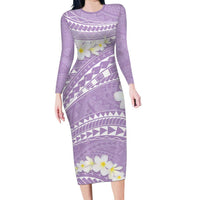 Polynesian Vintage Floral Long Sleeve Bodycon Dress Lavender Motifs LT7 Long Dress Lavender - Polynesian Pride