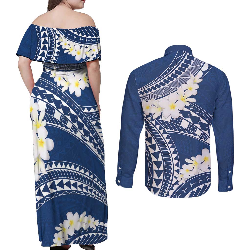 Polynesian Vintage Floral Couples Matching Off Shoulder Maxi Dress and Long Sleeve Button Shirt Navy Blue Motifs - Polynesian Pride
