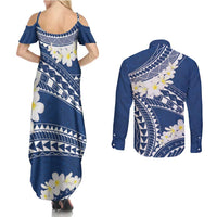 Polynesian Vintage Floral Couples Matching Summer Maxi Dress and Long Sleeve Button Shirt Navy Blue Motifs - Polynesian Pride