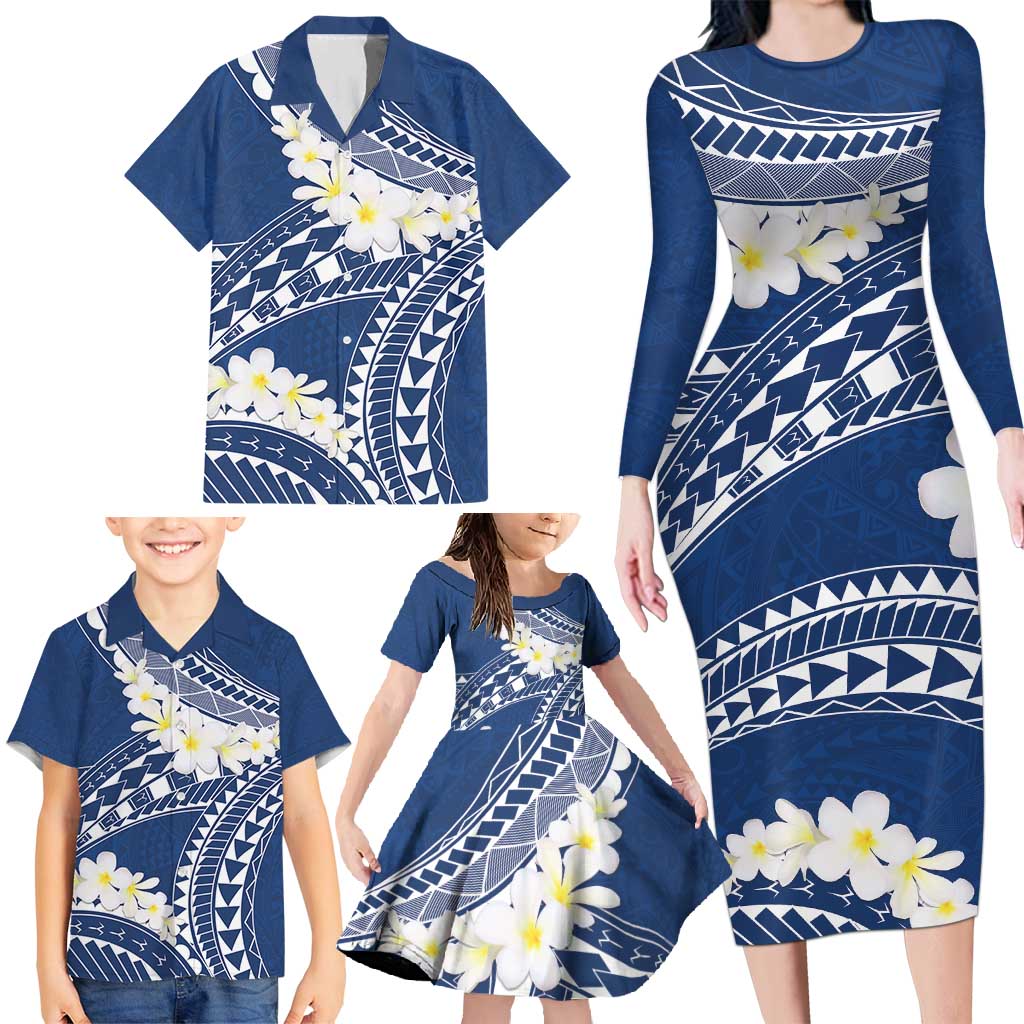 Polynesian Vintage Floral Family Matching Long Sleeve Bodycon Dress and Hawaiian Shirt Navy Blue Motifs LT7 - Polynesian Pride