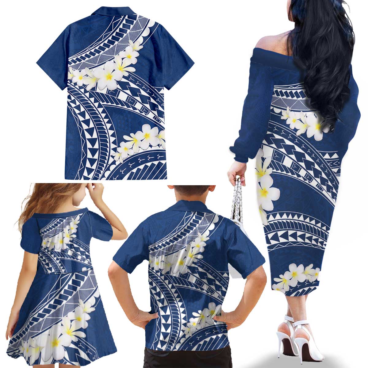 Polynesian Vintage Floral Family Matching Off The Shoulder Long Sleeve Dress and Hawaiian Shirt Navy Blue Motifs LT7 - Polynesian Pride