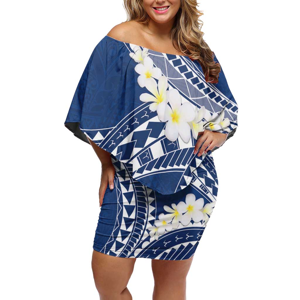 Polynesian Vintage Floral Off Shoulder Short Dress Navy Blue Motifs - Polynesian Pride
