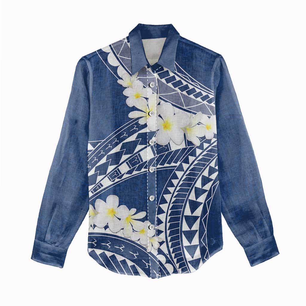 Polynesian Vintage Floral Women Casual Shirt Navy Blue Motifs - Polynesian Pride