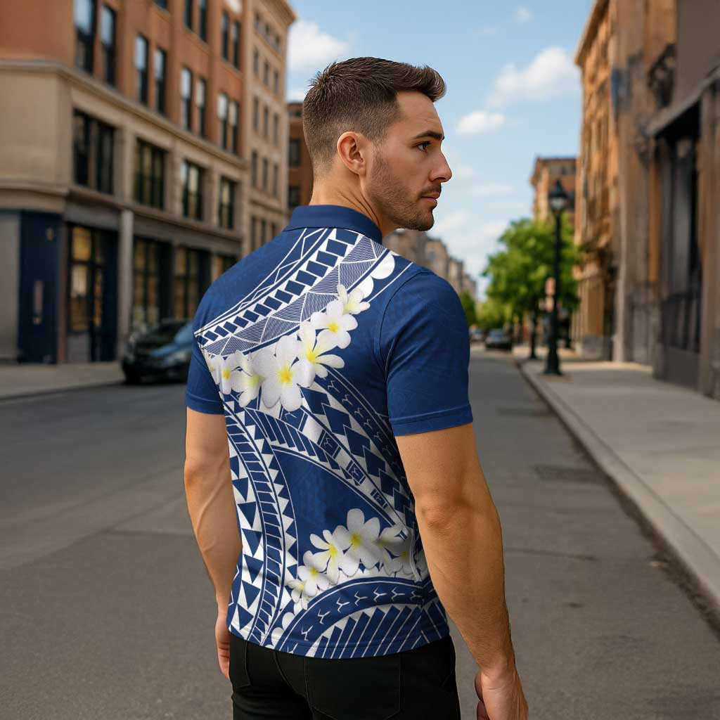Polynesian Vintage Floral Zipper Polo Shirt Navy Blue Motifs - Polynesian Pride