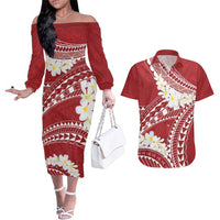 Polynesian Vintage Floral Couples Matching Off The Shoulder Long Sleeve Dress and Hawaiian Shirt Scarlet Motifs LT7 Scarlet - Polynesian Pride