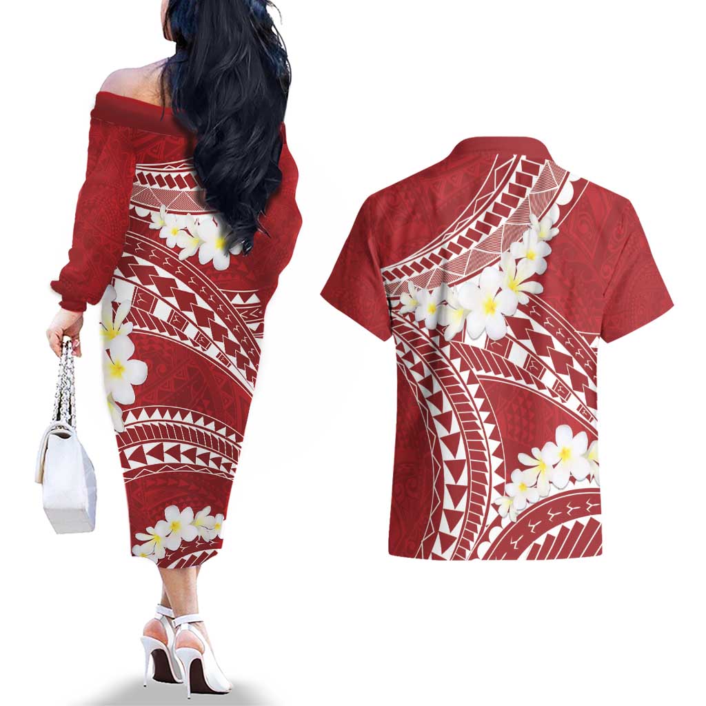 Polynesian Vintage Floral Couples Matching Off The Shoulder Long Sleeve Dress and Hawaiian Shirt Scarlet Motifs LT7 - Polynesian Pride