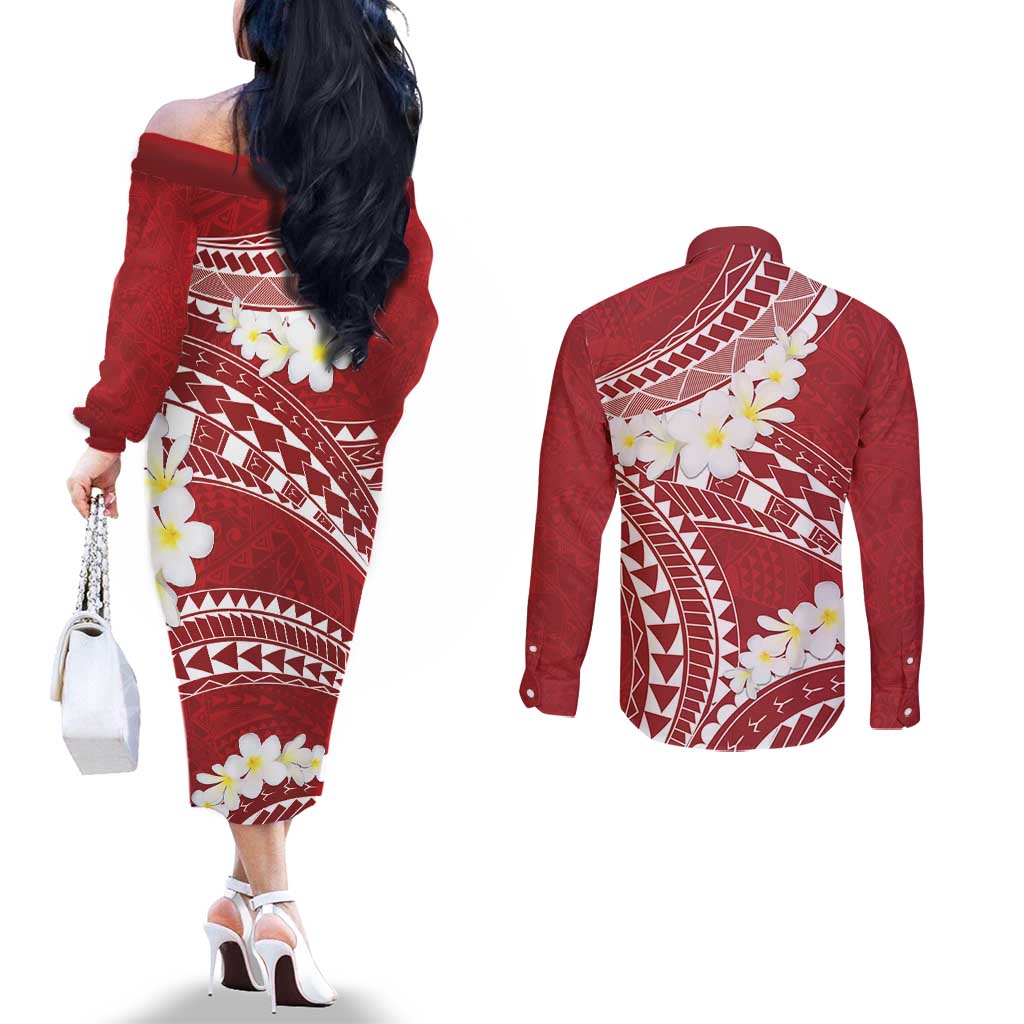 Polynesian Vintage Floral Couples Matching Off The Shoulder Long Sleeve Dress and Long Sleeve Button Shirt Scarlet Motifs - Polynesian Pride